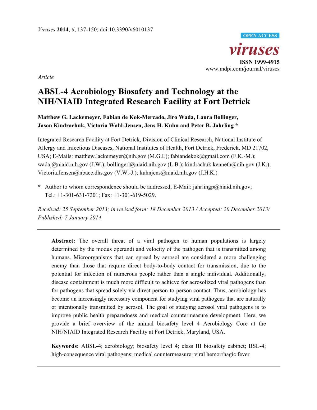 ABSL-4 Aerobiology Biosafety and Technology at the NIH/NIAID Integrated Research Facility at Fort Detrick