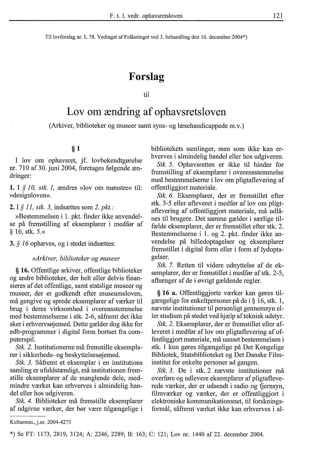 F. T. 1. Vedr. Ophavsretsloven 121 Til Lovforslag