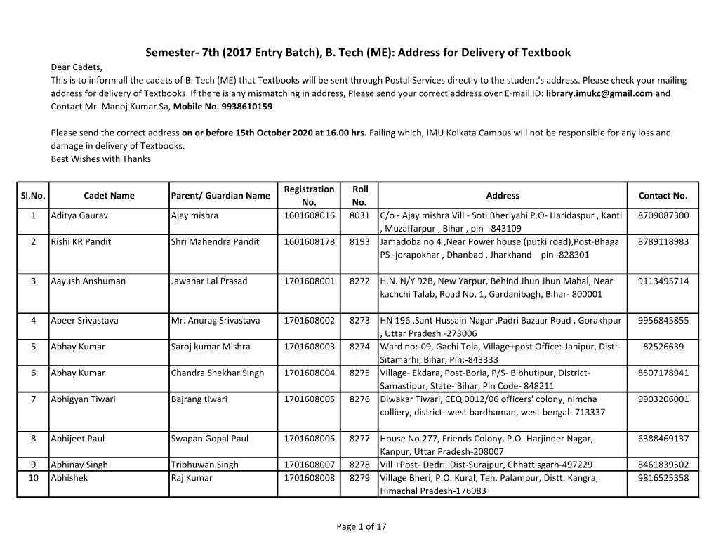 B. Tech (ME): Address for Delivery of Textbook Dear Cadets, This Is to Inform All the Cadets of B