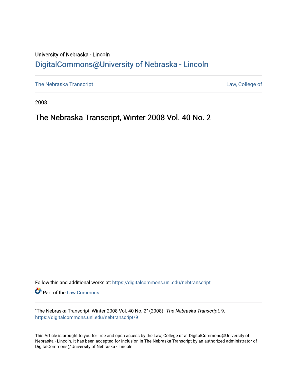 The Nebraska Transcript, Winter 2008 Vol. 40 No. 2