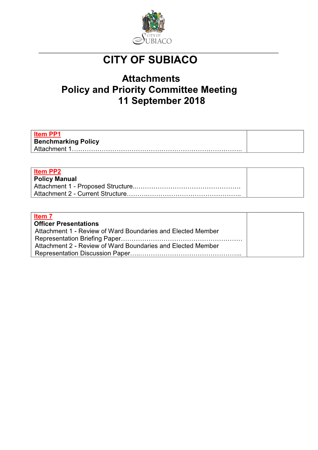 CITY of SUBIACO Attachments Policy and Priority Committee Meeting 11 September 2018