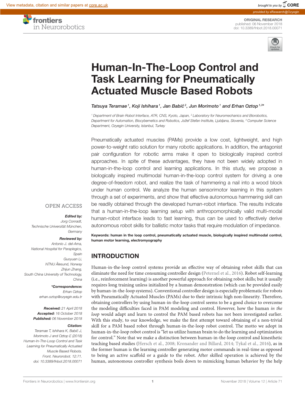 Human-In-The-Loop Control and Task Learning for Pneumatically Actuated Muscle Based Robots