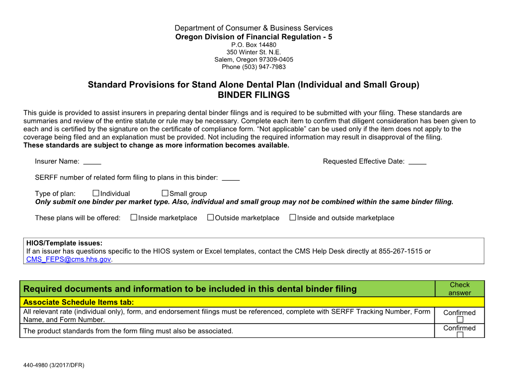 Form 4953, Standard Provisions for Individual and Small Group Health Benefit Plans For