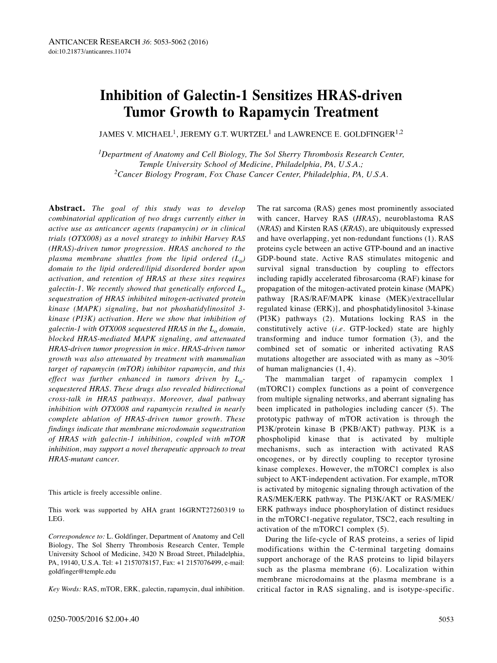 Inhibition of Galectin-1 Sensitizes HRAS-Driven Tumor Growth to Rapamycin Treatment JAMES V