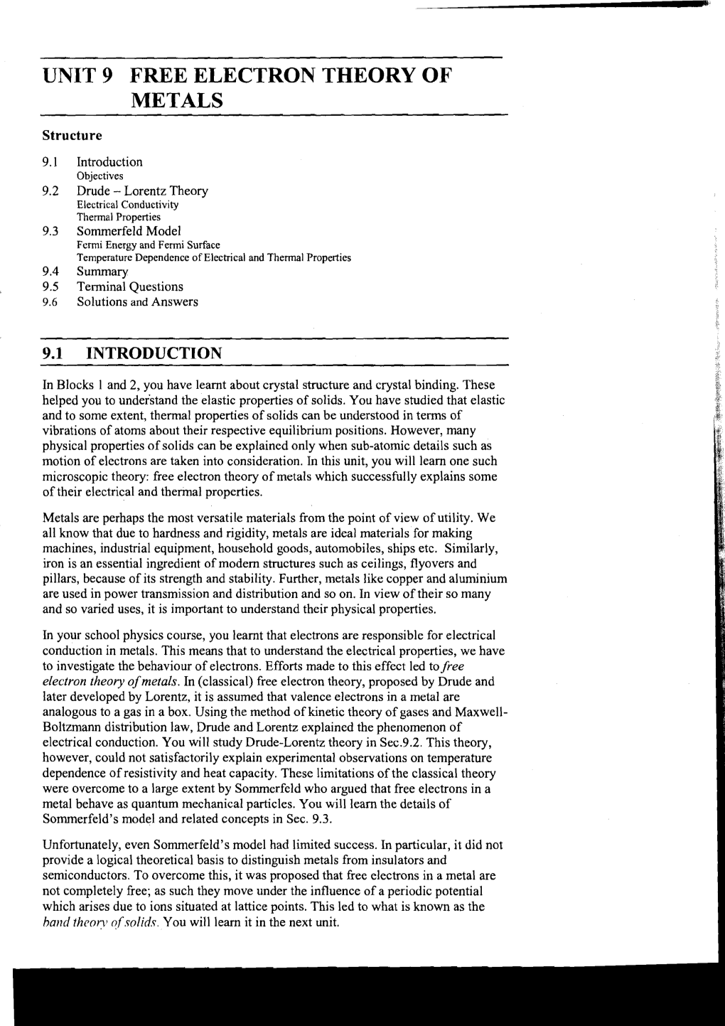 Unit 9 Free Electron Theory of Metals