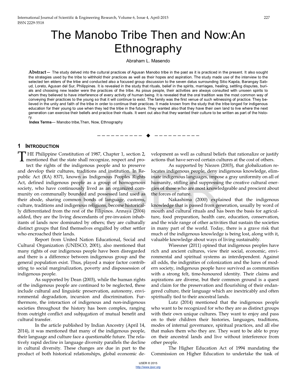 The Manobo Tribe Then and Now:An Ethnography Abraham L