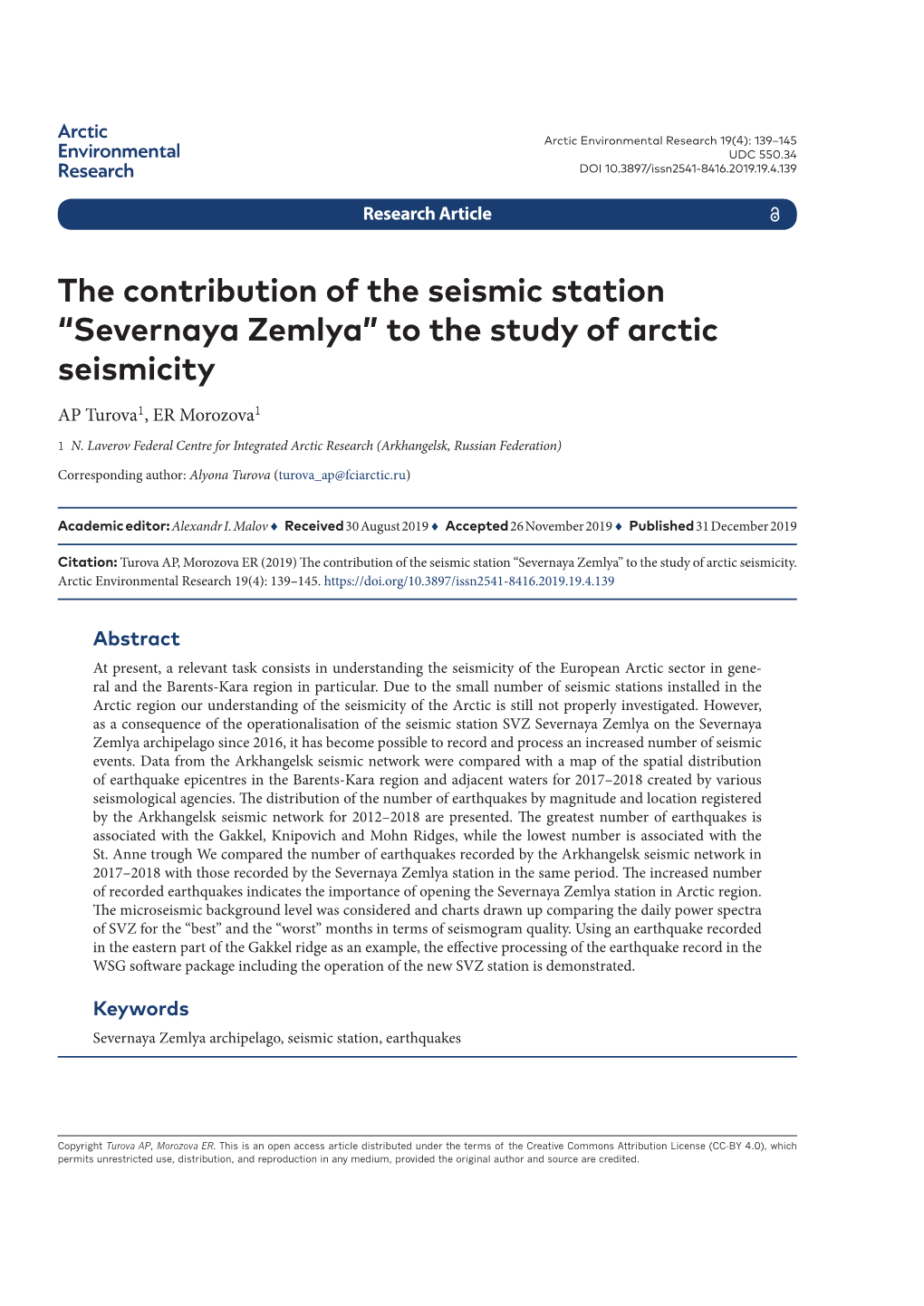 Severnaya Zemlya” to the Study of Arctic Seismicity