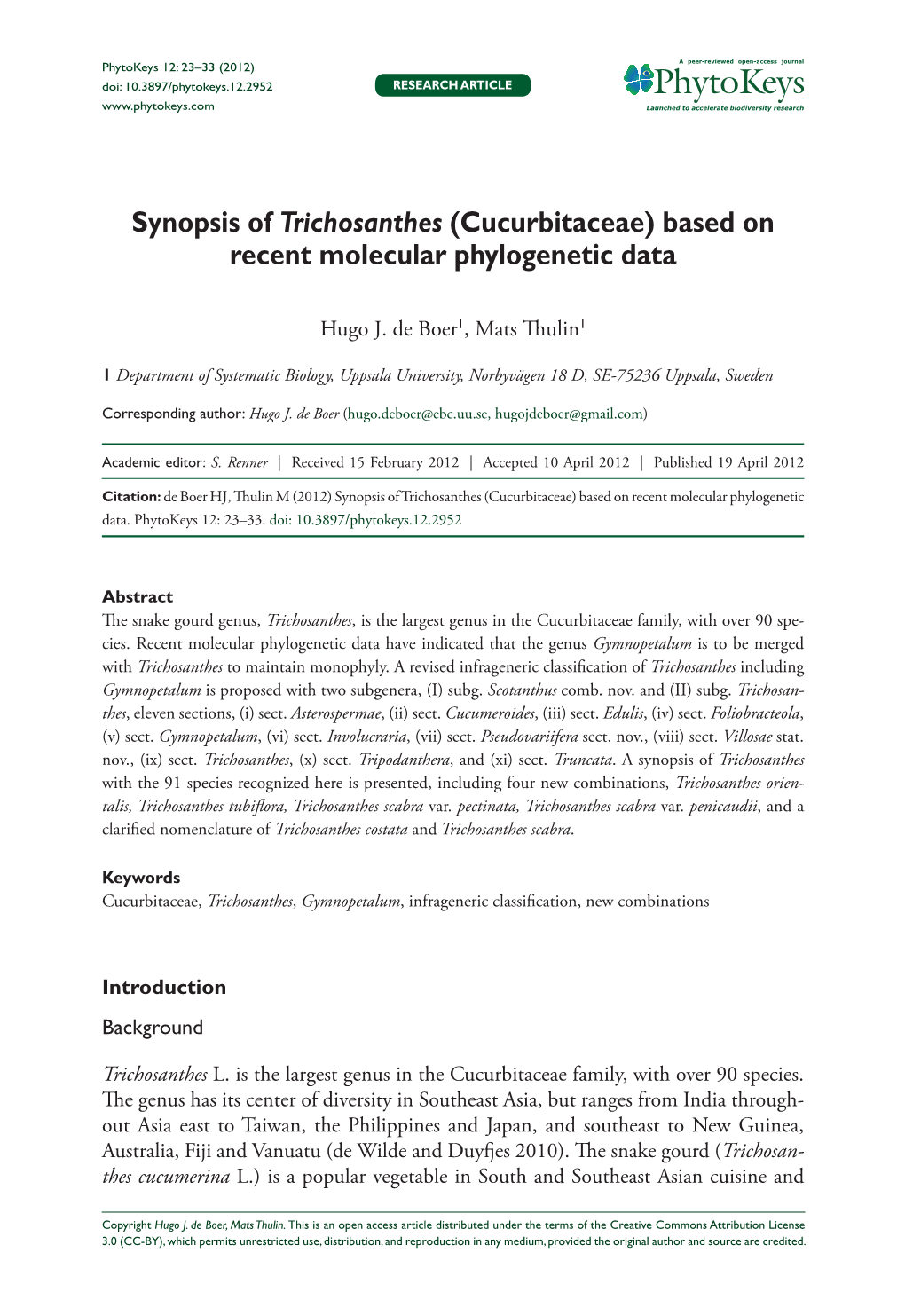 Synopsis of Trichosanthes (Cucurbitaceae) Based on Recent Molecular Phylogenetic Data