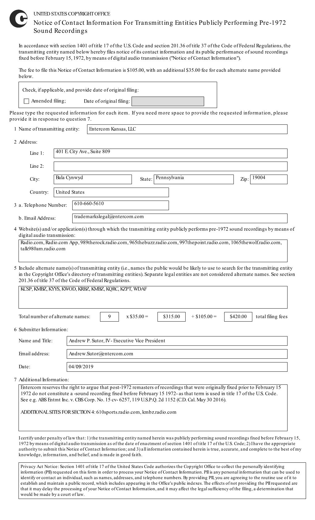 Notice of Contact Information for Transmitting Entities Publicly Performing Pre-1972 Sound Recordings