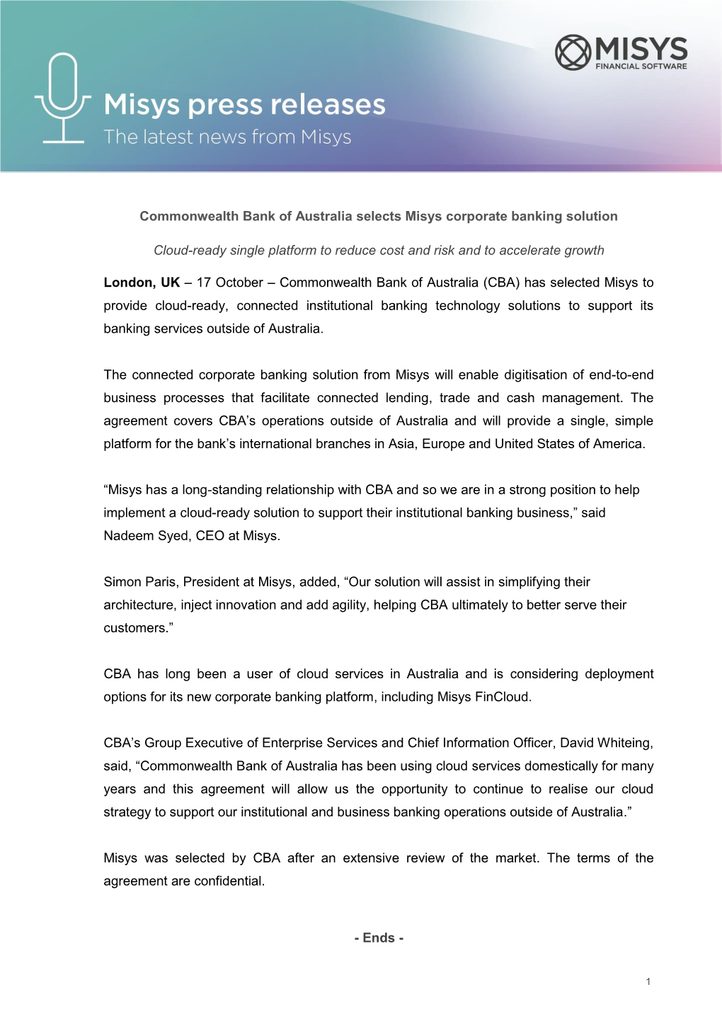 Commonwealth Bank of Australia Selects Misys Corporate Banking Solution