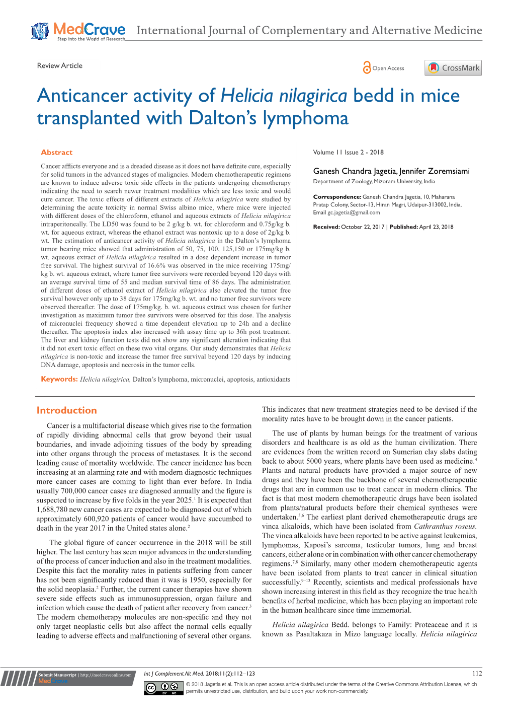 Anticancer Activity of Helicia Nilagirica Bedd in Mice Transplanted with Dalton’S Lymphoma