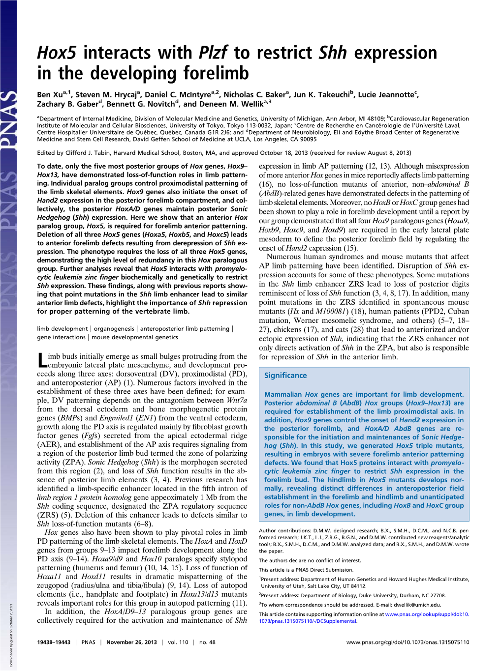 Hox5 Interacts with Plzf to Restrict Shh Expression in the Developing Forelimb