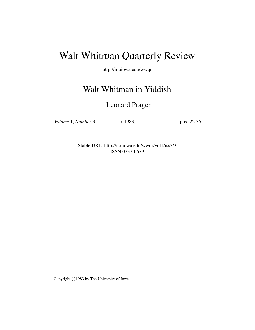 Walt Whitman Quarterly Review