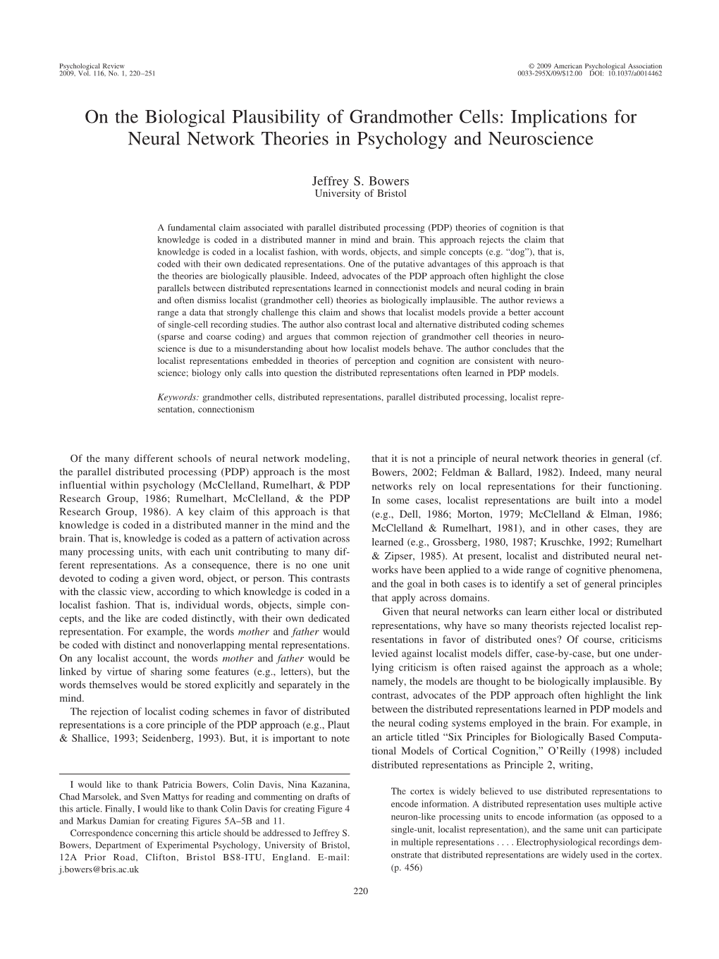 On the Biological Plausibility of Grandmother Cells: Implications for Neural Network Theories in Psychology and Neuroscience