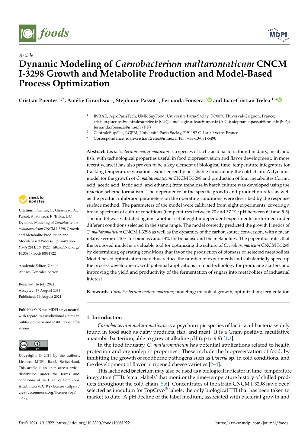 Dynamic Modeling of Carnobacterium Maltaromaticum CNCM I-3298 Growth and Metabolite Production and Model-Based Process Optimization