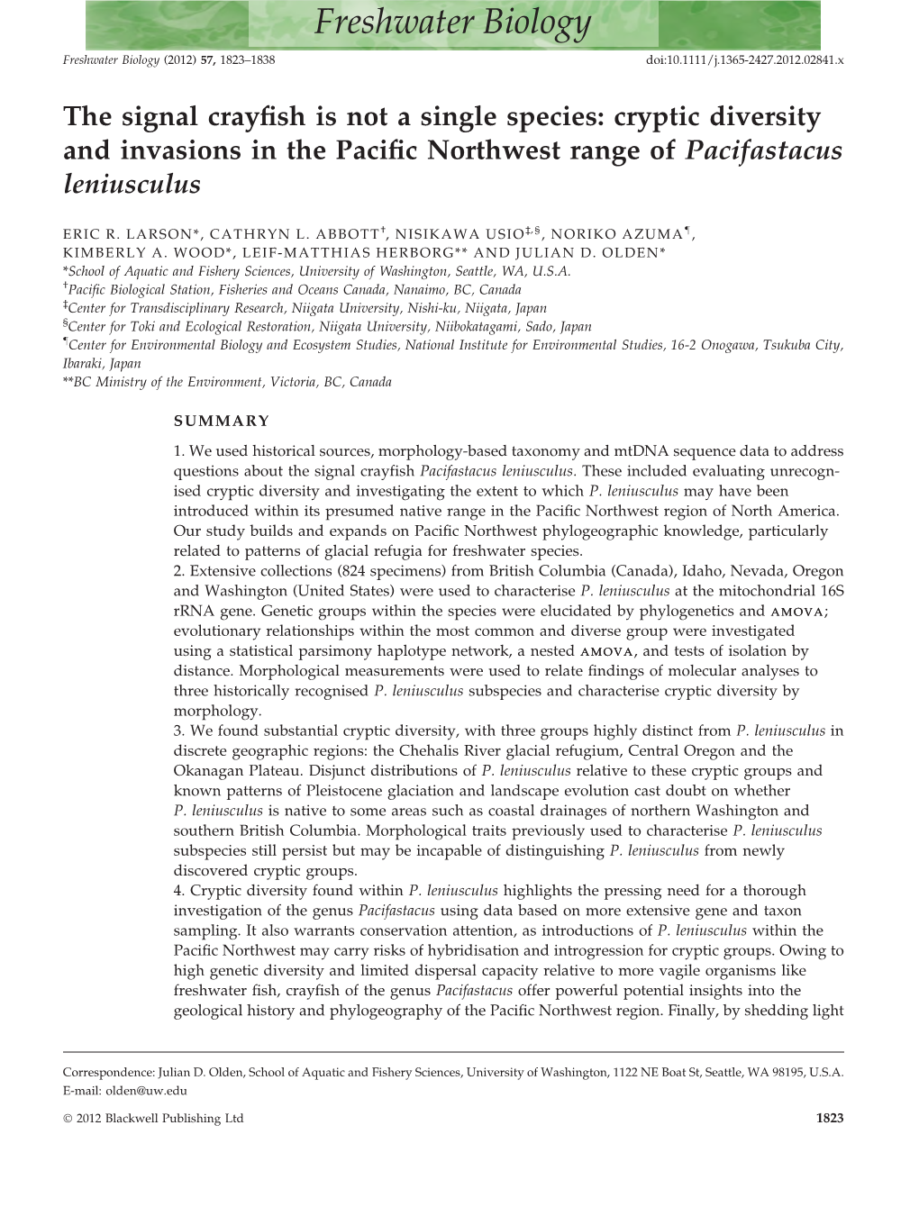 The Signal Crayfish Is Not a Single Species: Cryptic Diversity and Invasions in the Pacific Northwest Range of Pacifastacus Leni