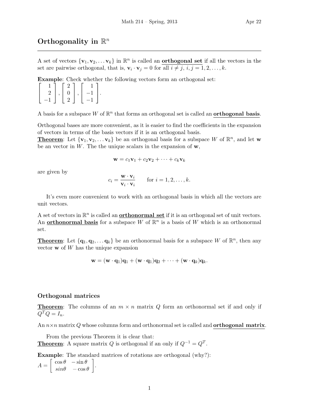 Orthogonality in Rn