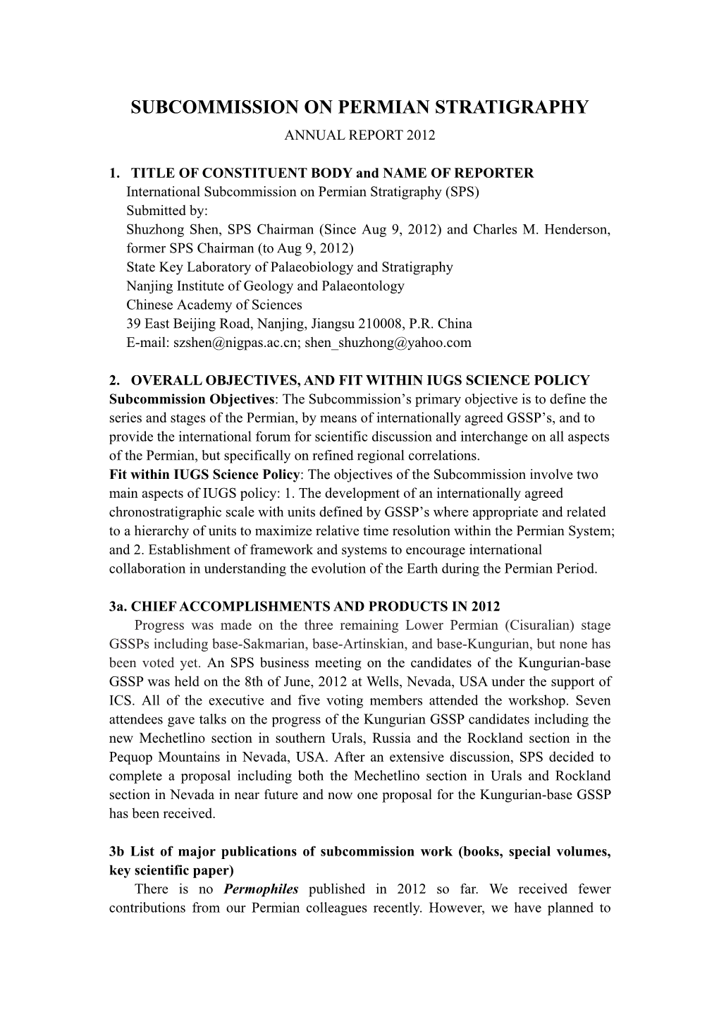 Subcommission on Permian Stratigraphy Annual Report 2012