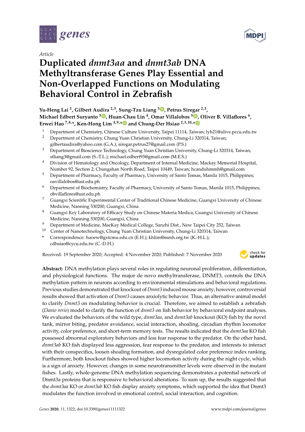 Duplicated Dnmt3aa and Dnmt3ab DNA Methyltransferase Genes Play Essential and Non-Overlapped Functions on Modulating Behavioral Control in Zebraﬁsh