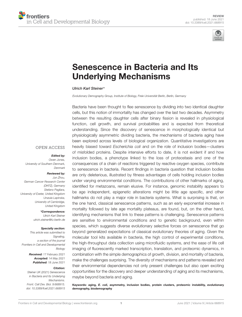 Senescence in Bacteria and Its Underlying Mechanisms