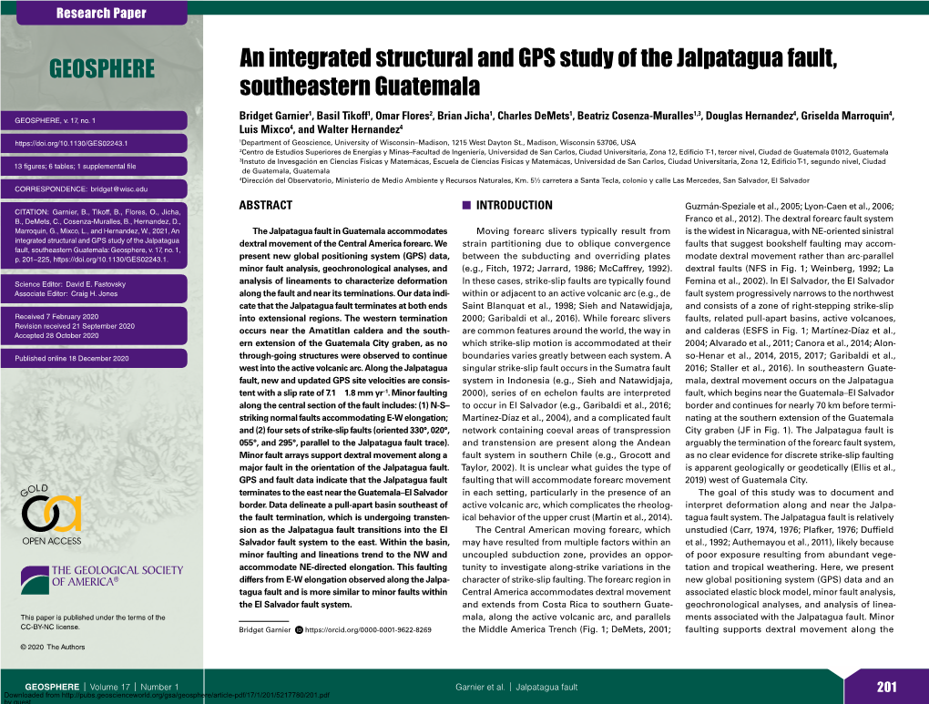 An Integrated Structural and GPS Study of the Jalpatagua Fault, Southeastern Guatemala