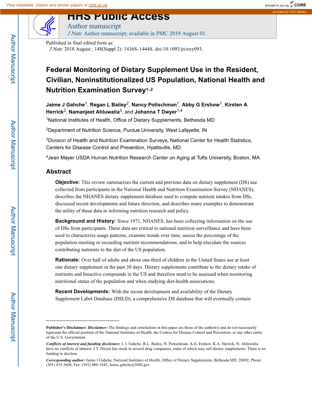 Federal Monitoring of Dietary Supplement Use in the Resident, Civilian, Noninstitutionalized US Population, National Health and Nutrition Examination Survey1,,2