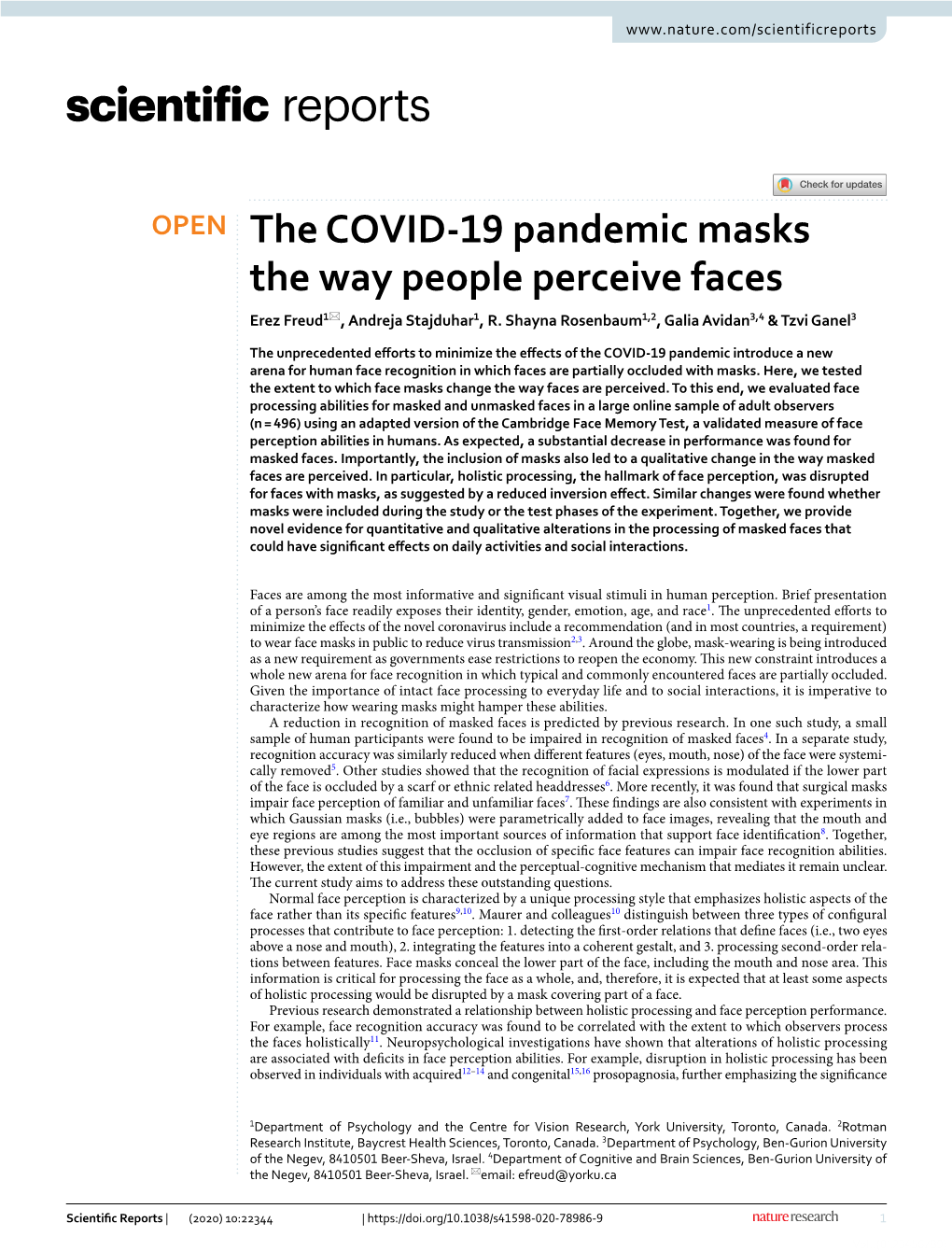 The COVID-19 Pandemic Masks the Way People Perceive Faces