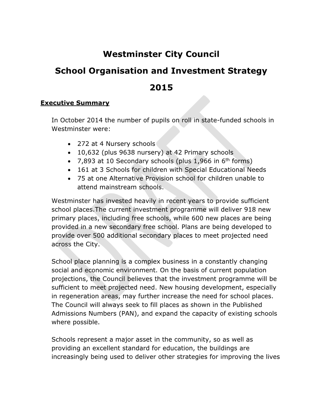 Westminster City Council School Organisation and Investment