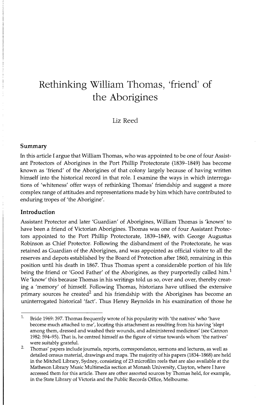 Rethinking William Thomas, 'Friend' of the Aborigines