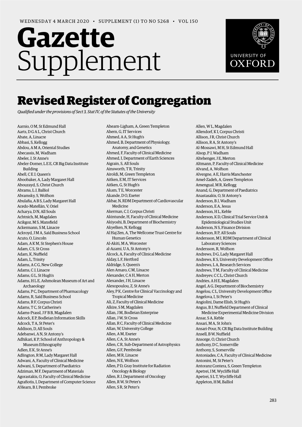 Revised Register of Congregation Qualified Under the Provisions of Sect 3, Stat IV, of the Statutes of the University