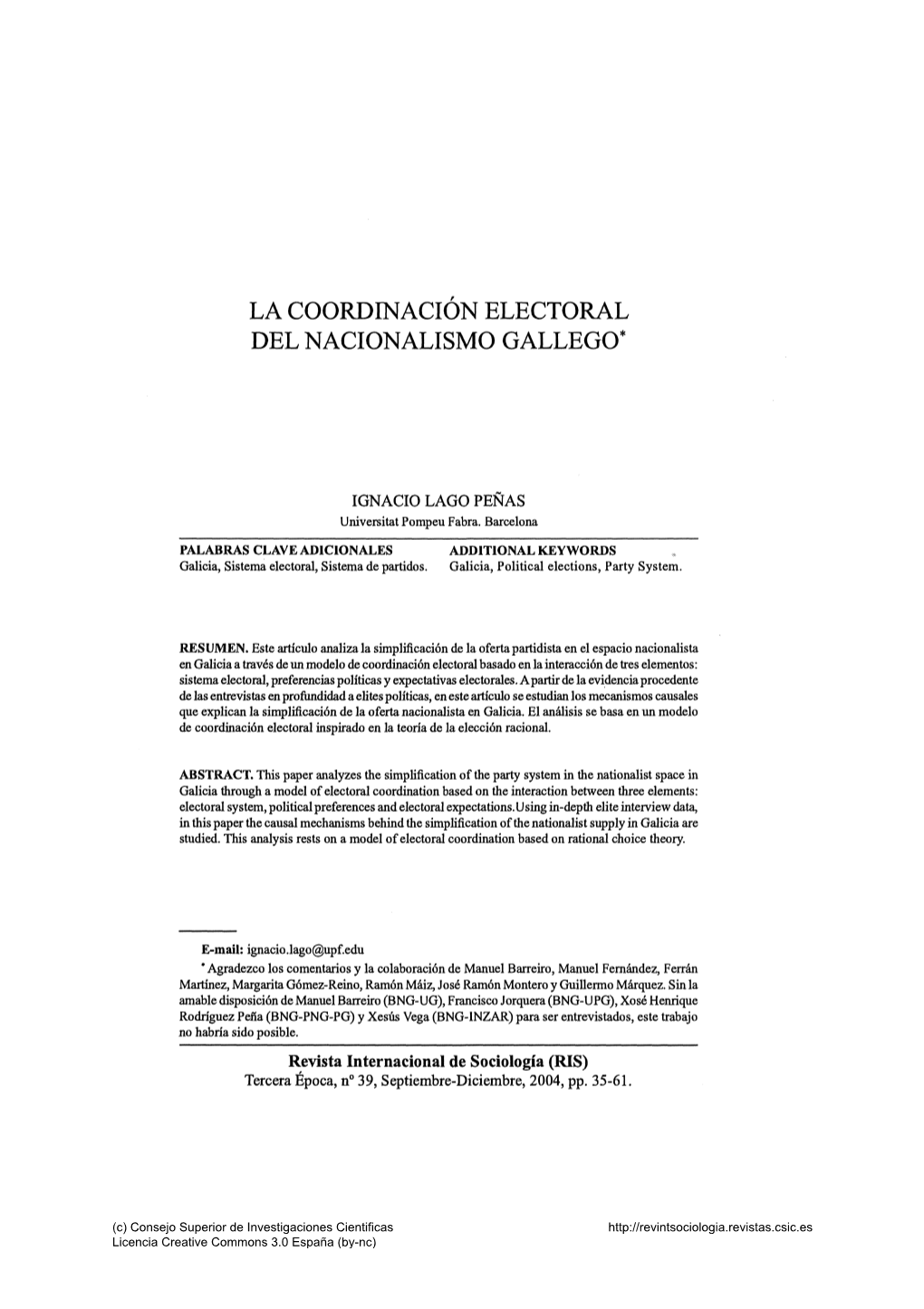 La Coordinación Electoral Del Nacionalismo Gallego*