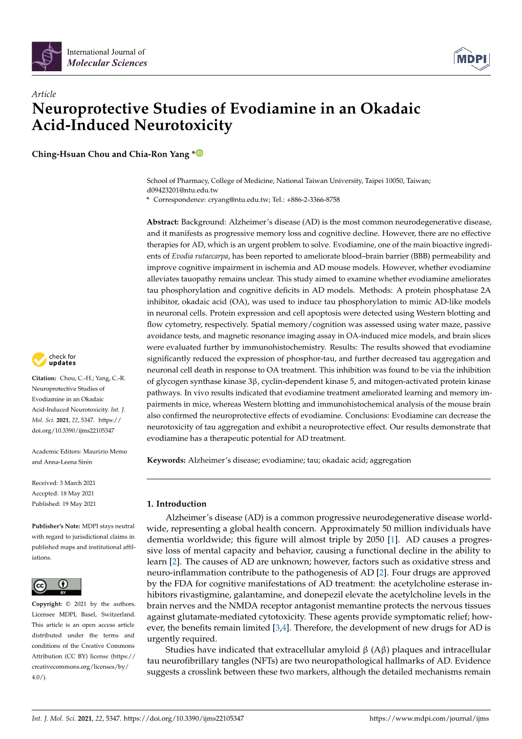 Neuroprotective Studies of Evodiamine in an Okadaic Acid-Induced Neurotoxicity