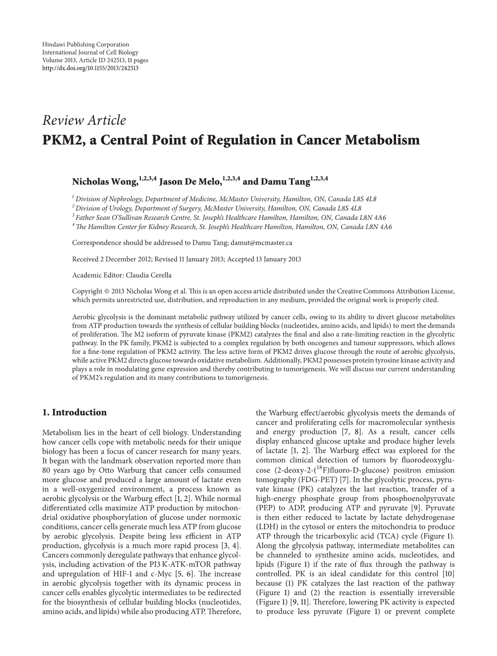 PKM2, a Central Point of Regulation in Cancer Metabolism