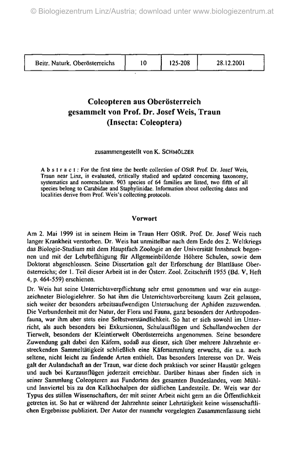 Coleopteren Aus Oberösterreich Gesammelt Von Prof. Dr