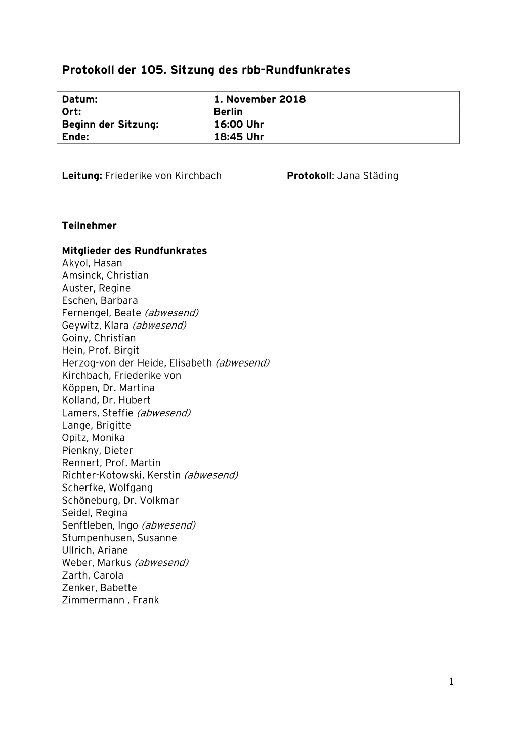 Protokoll Der 105. Sitzung Des Rbb-Rundfunkrates