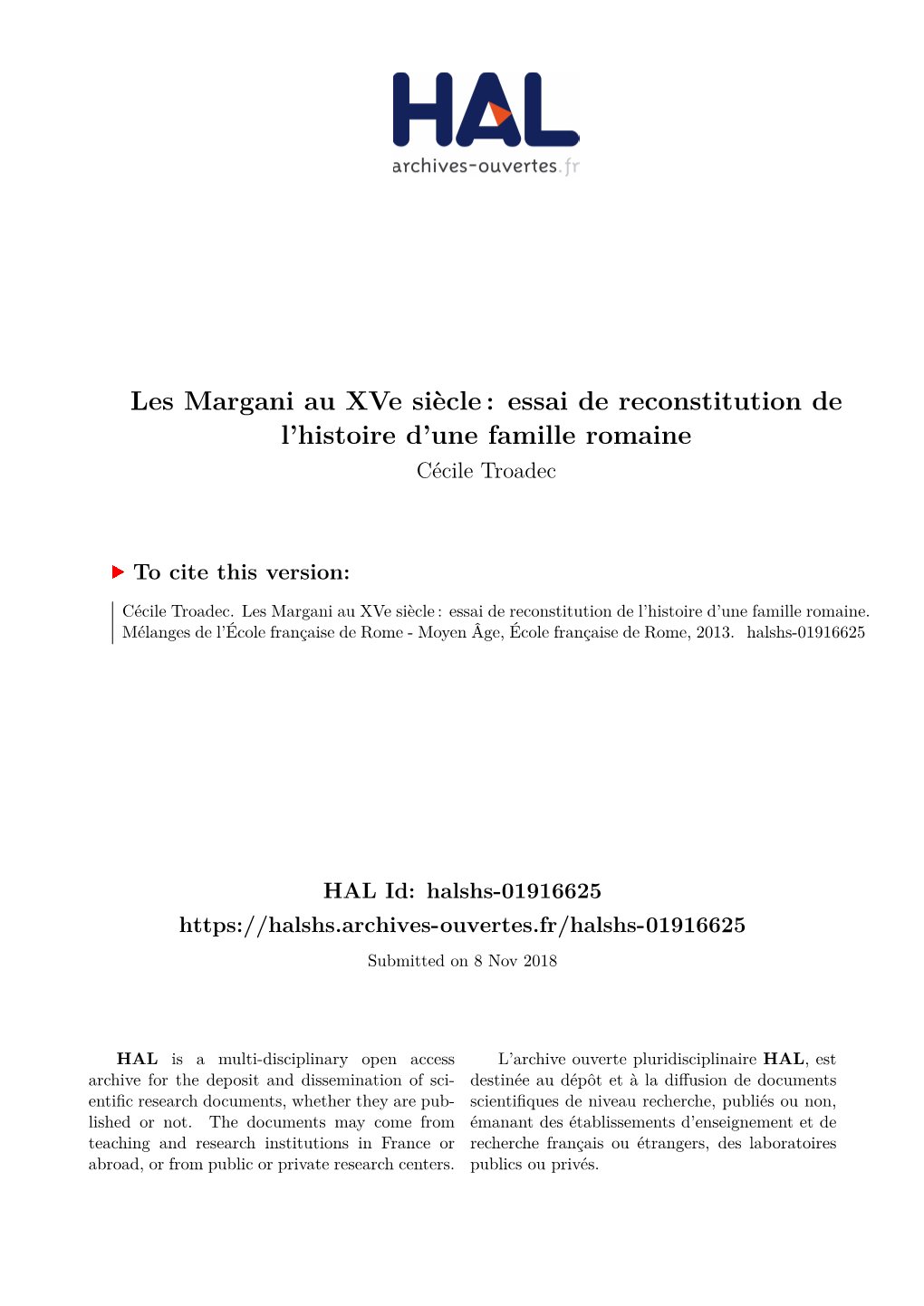 Les Margani Au Xve Siècle : Essai De Reconstitution De L’Histoire D’Une Famille Romaine Cécile Troadec