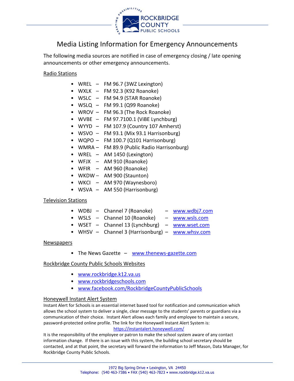 Media Listing Information for Emergency Announcements