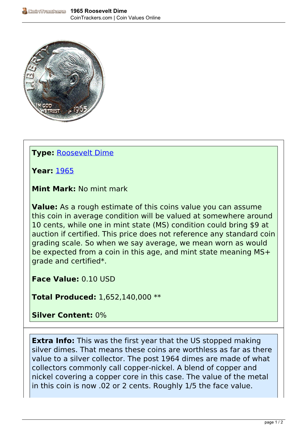 1965 Roosevelt Dime Cointrackers.Com | Coin Values Online