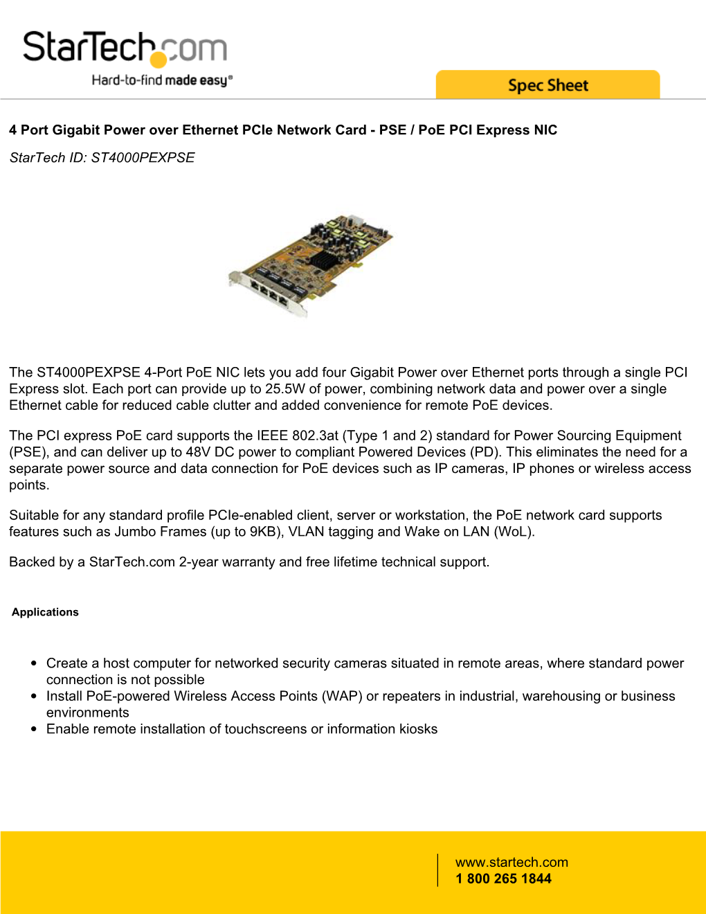 4 Port Gigabit Power Over Ethernet Pcie Network Card - PSE / Poe PCI Express NIC Startech ID: ST4000PEXPSE
