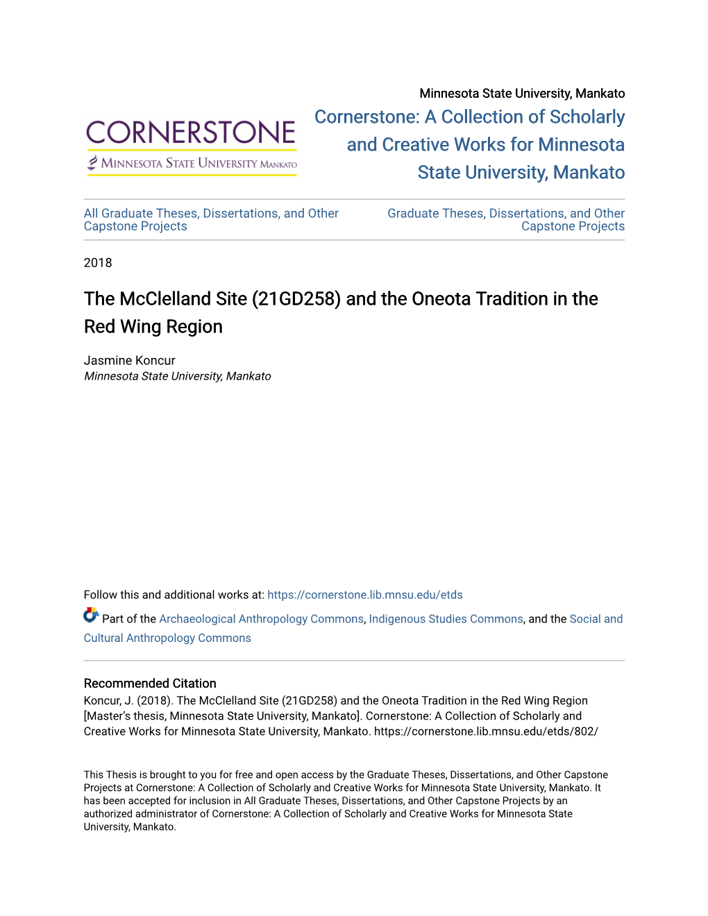 The Mcclelland Site (21GD258) and the Oneota Tradition in the Red Wing Region