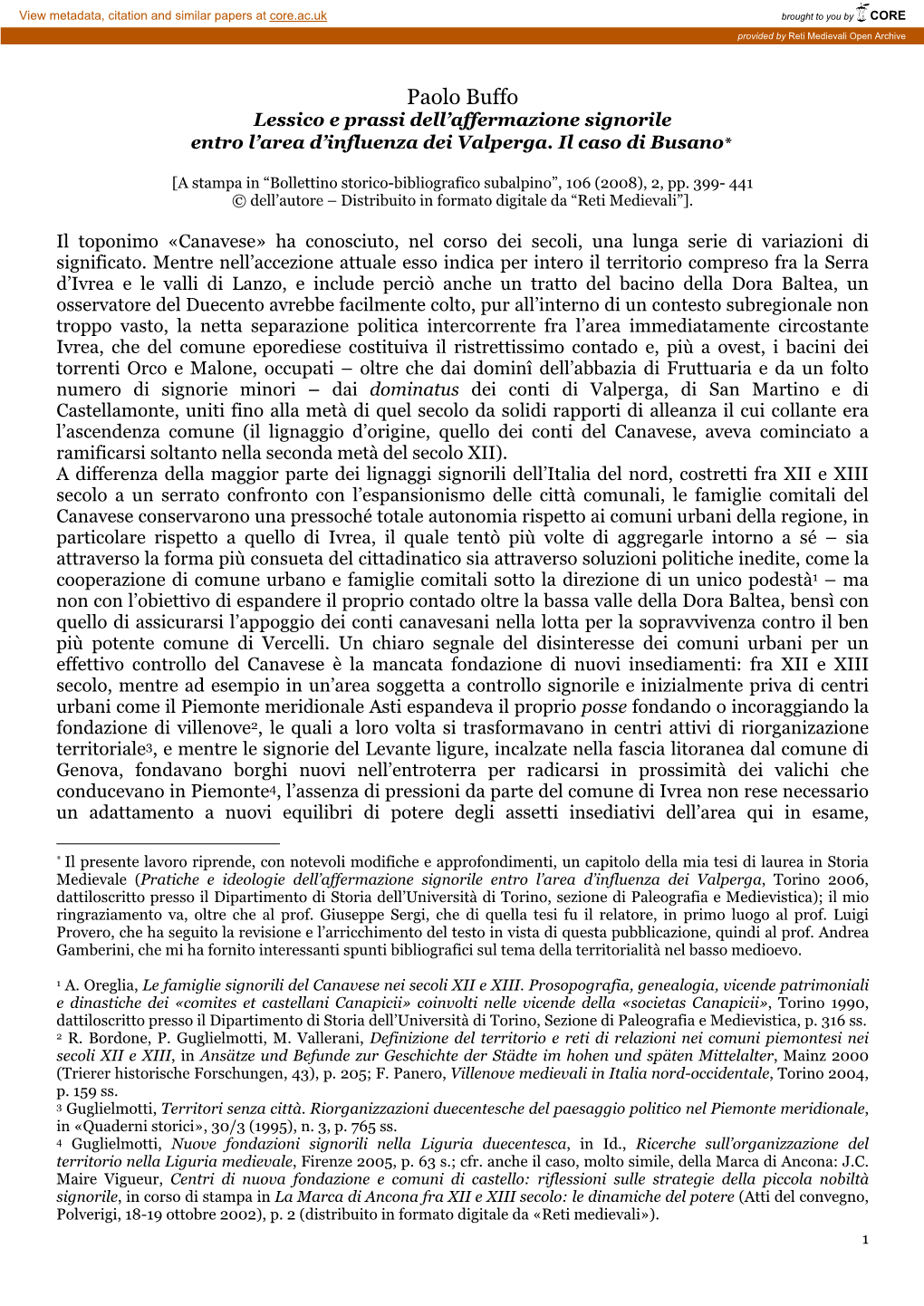 Paolo Buffo Lessico E Prassi Dell’Affermazione Signorile Entro L’Area D’Influenza Dei Valperga