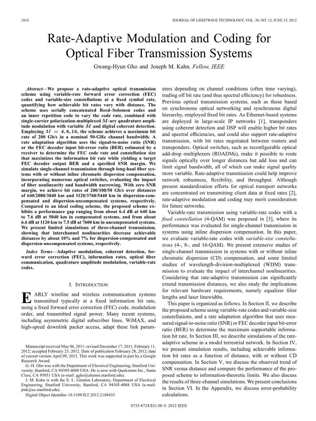 Rate-Adaptive Modulation and Coding for Optical Fiber Transmission Systems Gwang-Hyun Gho and Joseph M