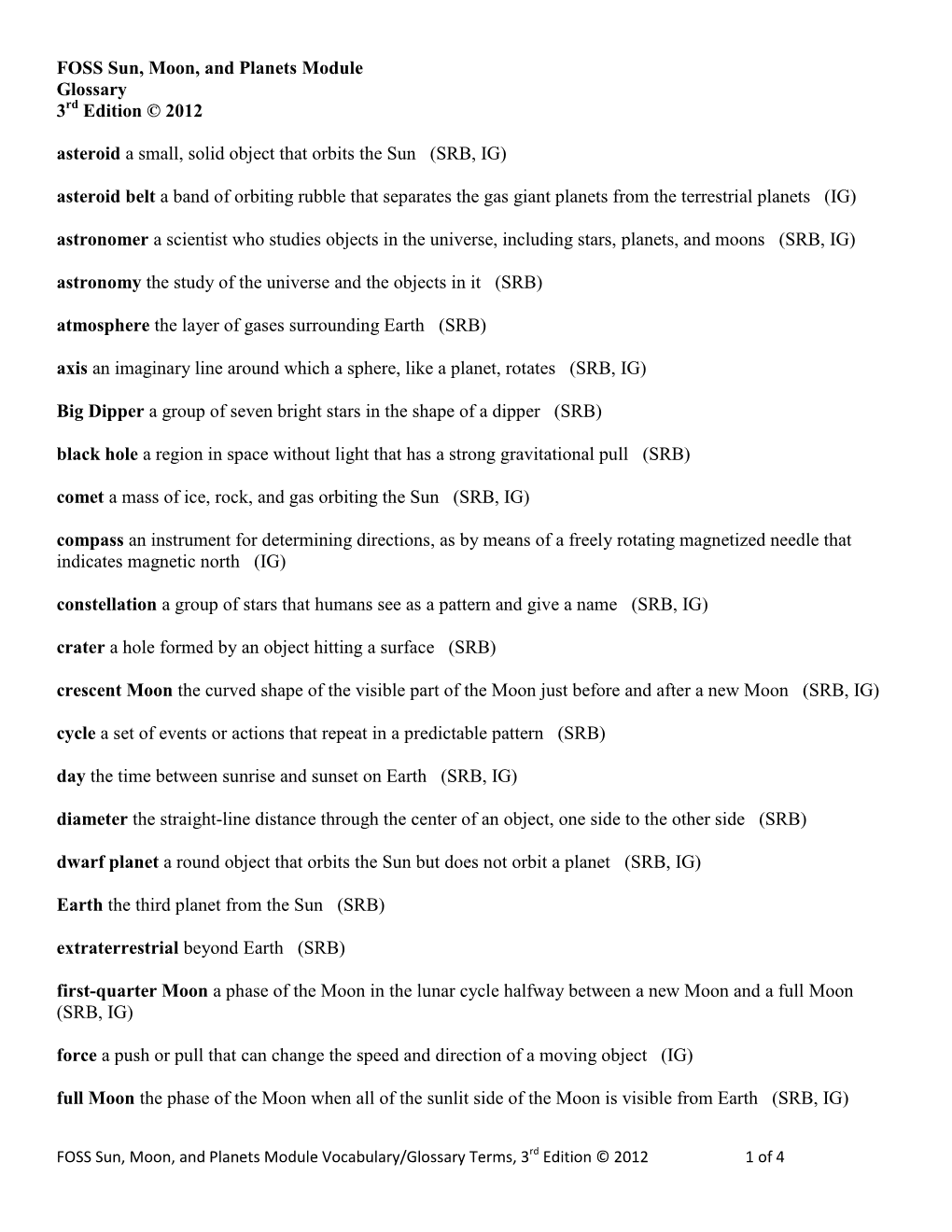 FOSS Sun, Moon, and Planets Module Glossary 3 Edition