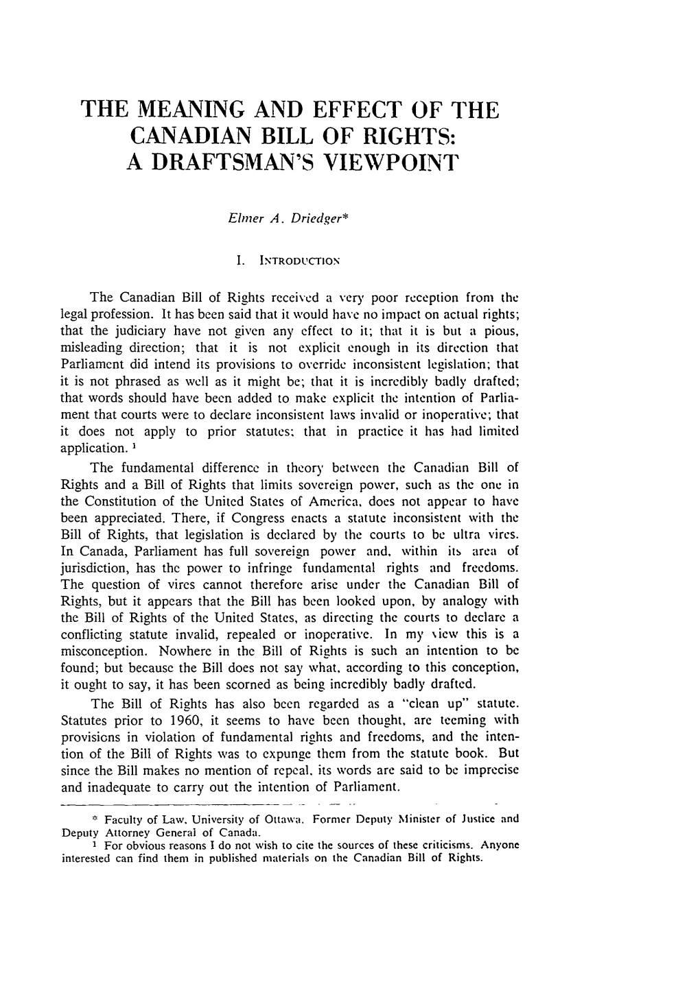 Meaning and Effect of the Canadian Bill of Rights: a Draftsman's Viewpoint