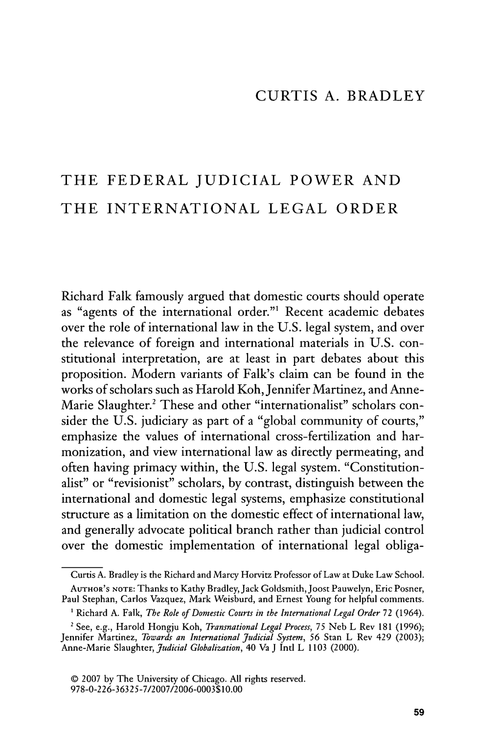 The Federal Judicial Power and the International Legal Order