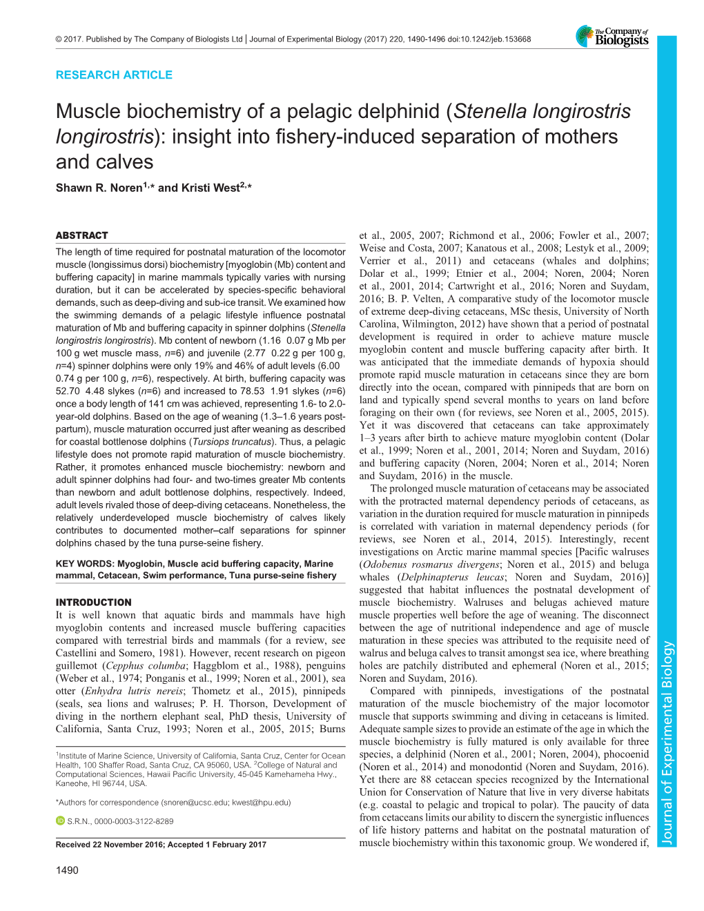 Muscle Biochemistry of a Pelagic Delphinid (Stenella Longirostris Longirostris): Insight Into Fishery-Induced Separation of Mothers and Calves Shawn R