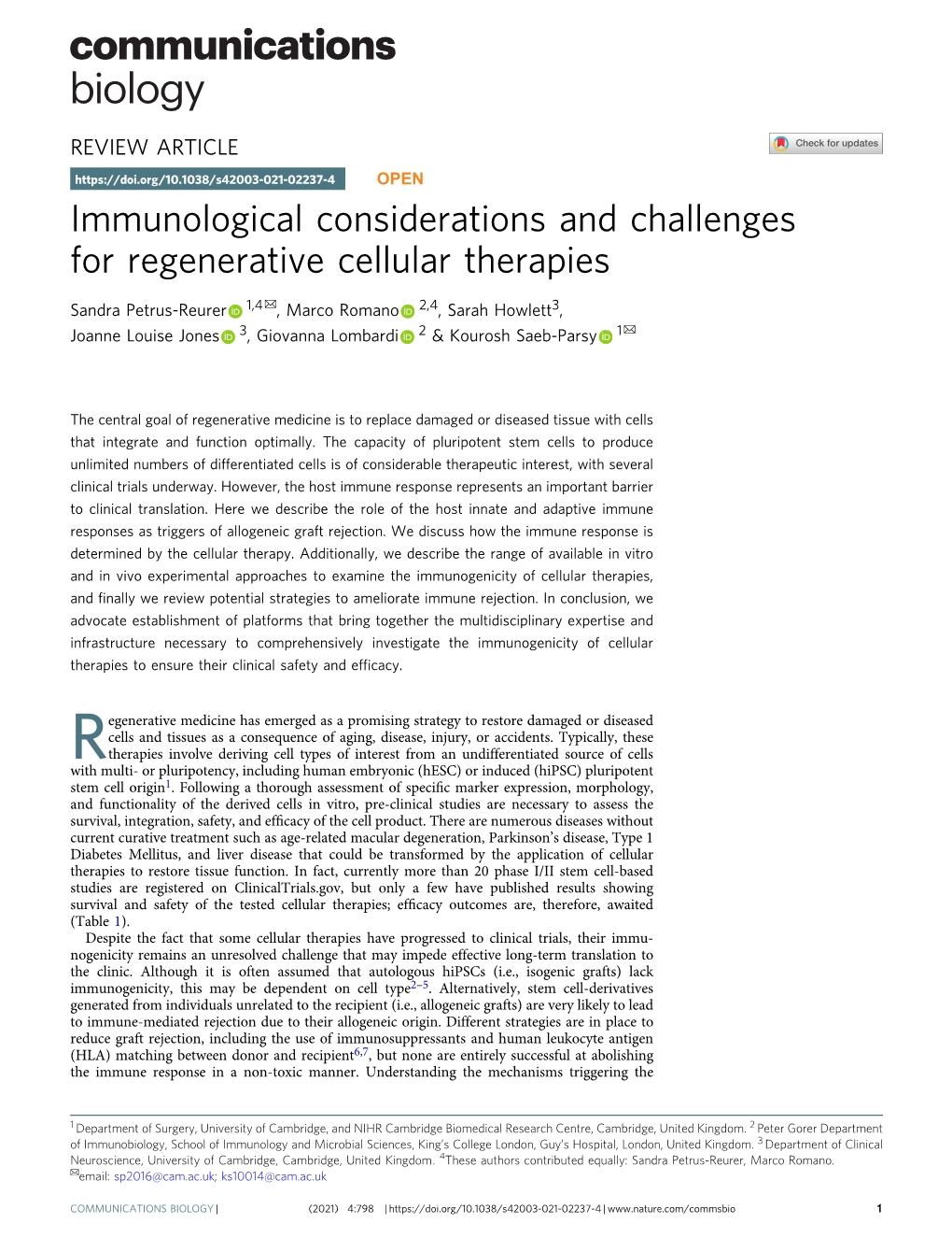 Immunological Considerations and Challenges for Regenerative Cellular