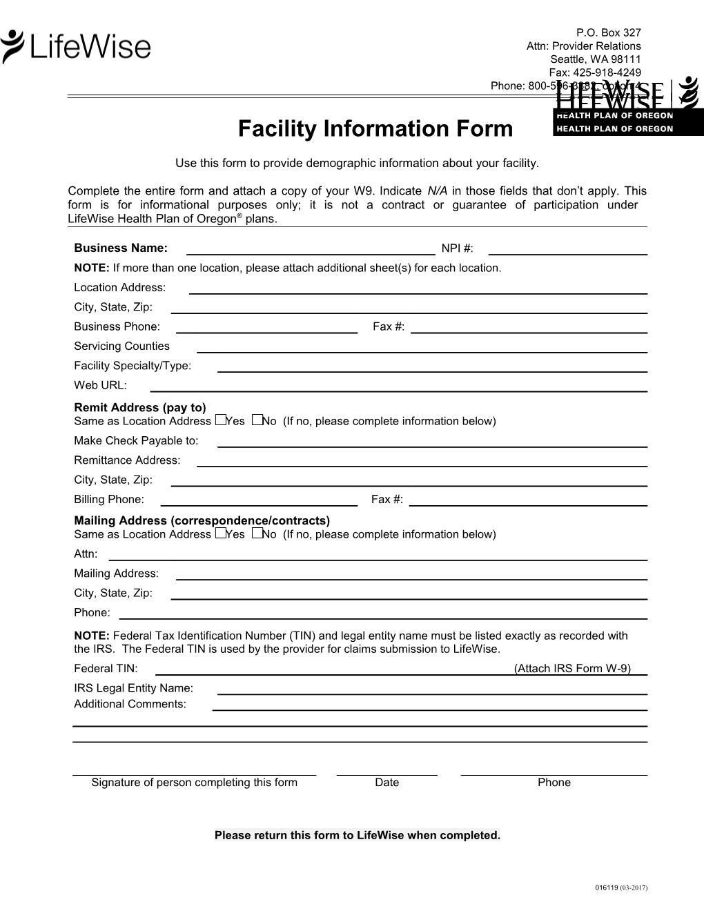 Facility Information Form