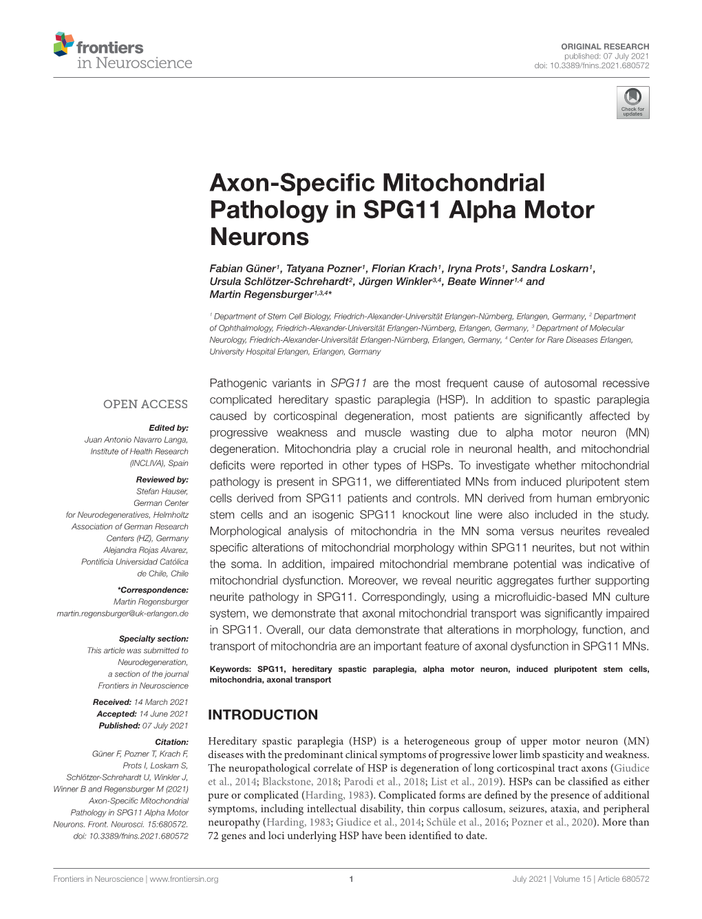 Axon-Specific Mitochondrial Pathology in SPG11 Alpha Motor