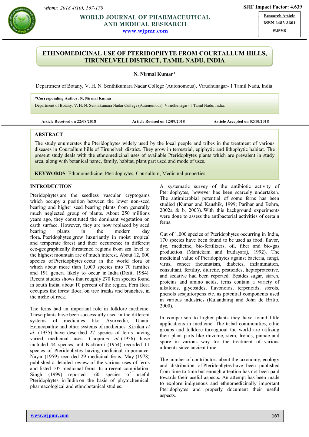 Ethnomedicinal Use of Pteridophyte from Courtallum Hills, Tirunelveli District, Tamil Nadu, India